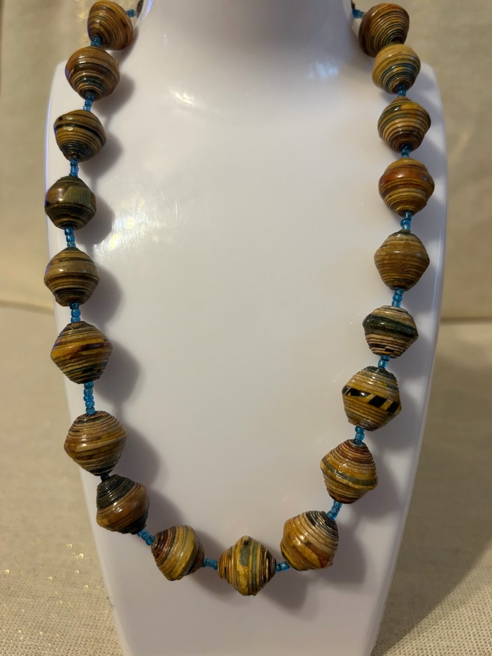 Handcrafted Brown Paper Bead Necklace with Blue Accent